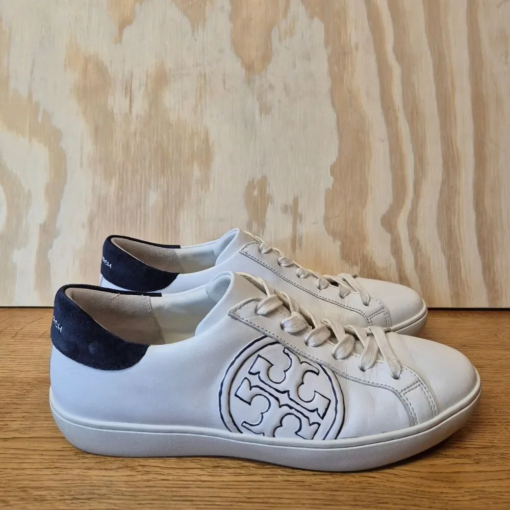 Tory Burch Women's T Logo Leather Sneakers White Navy Size 7M Low Top